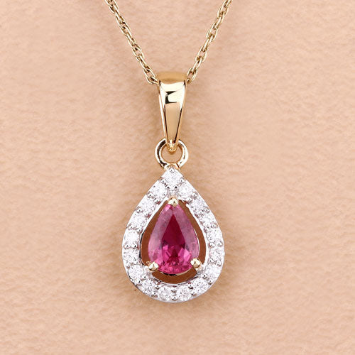 Colgante de oro amarillo de 14 quilates con rubí genuino de 1,03 quilates y diamantes blancos