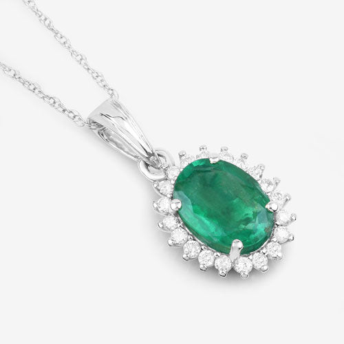 Colgante de oro blanco de 10K con esmeralda zambiana auténtica de 1,36 quilates y diamantes blancos
