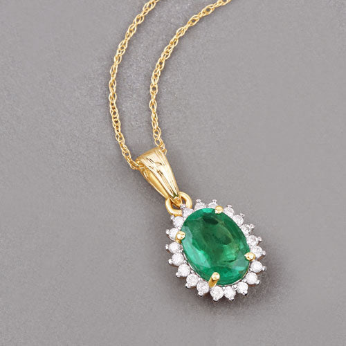 Colgante de oro amarillo de 10K con esmeralda zambiana auténtica de 1,36 quilates y diamantes blancos
