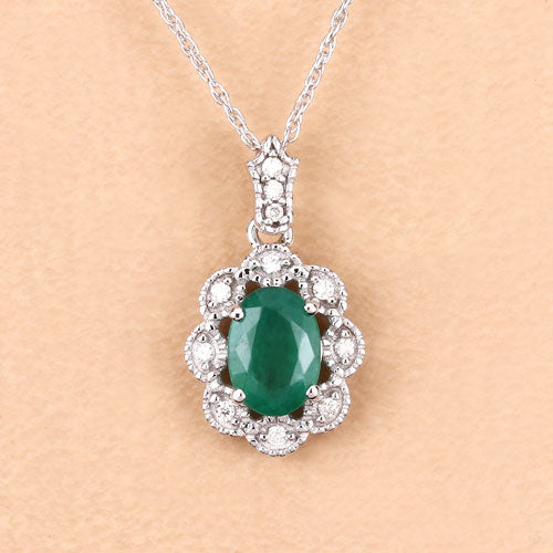 Colgante de oro blanco de 10K con esmeralda genuina de Zambia de 0,79 quilates y diamantes blancos