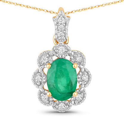 Colgante de oro amarillo de 10 quilates con esmeralda zambiana auténtica de 0,79 quilates y diamantes blancos