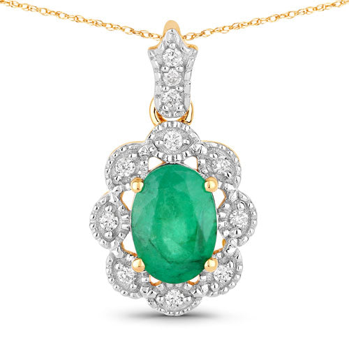 Colgante de oro amarillo de 10 quilates con esmeralda zambiana auténtica de 0,79 quilates y diamantes blancos