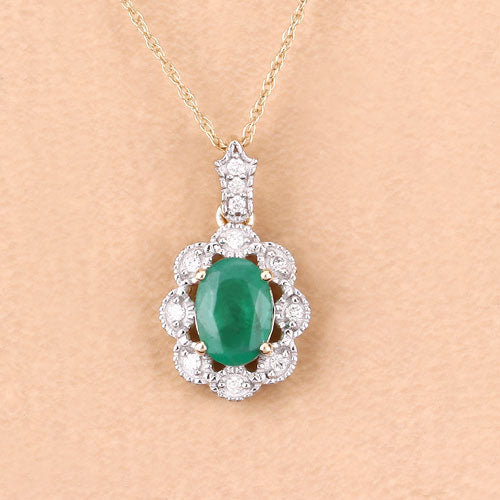 Colgante de oro amarillo de 10 quilates con esmeralda zambiana auténtica de 0,79 quilates y diamantes blancos