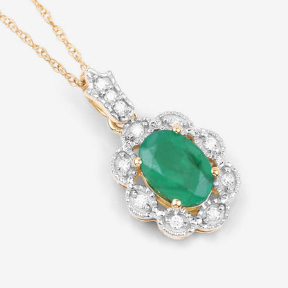 Colgante de oro amarillo de 10 quilates con esmeralda zambiana auténtica de 0,79 quilates y diamantes blancos