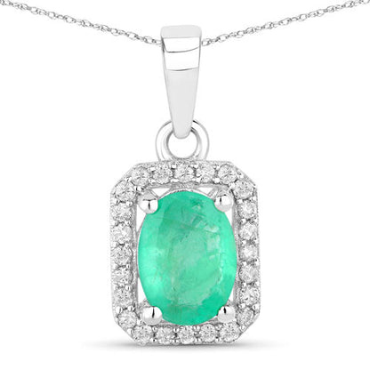 Colgante de oro blanco de 10 quilates con esmeralda zambiana auténtica de 0,83 quilates y diamantes blancos