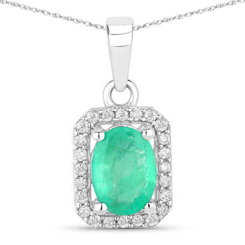 Colgante de oro blanco de 10 quilates con esmeralda zambiana auténtica de 0,83 quilates y diamantes blancos