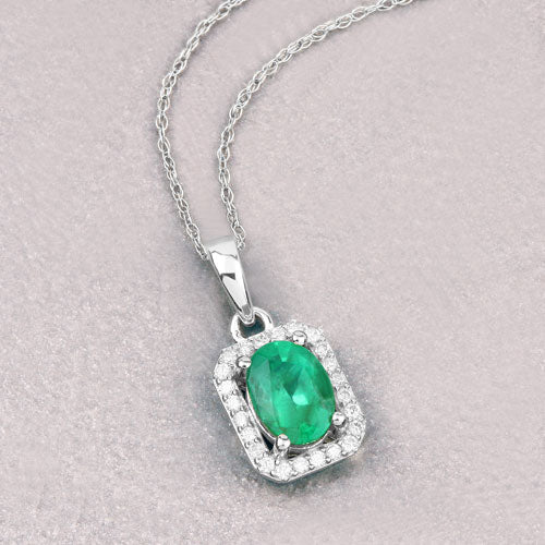 Colgante de oro blanco de 10 quilates con esmeralda zambiana auténtica de 0,83 quilates y diamantes blancos