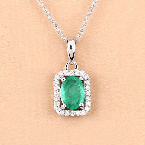 Colgante de oro blanco de 10 quilates con esmeralda zambiana auténtica de 0,83 quilates y diamantes blancos