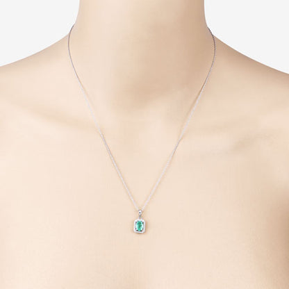 Colgante de oro blanco de 10 quilates con esmeralda zambiana auténtica de 0,83 quilates y diamantes blancos