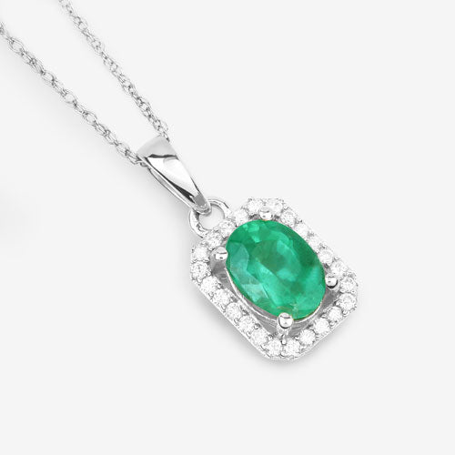 Colgante de oro blanco de 10 quilates con esmeralda zambiana auténtica de 0,83 quilates y diamantes blancos
