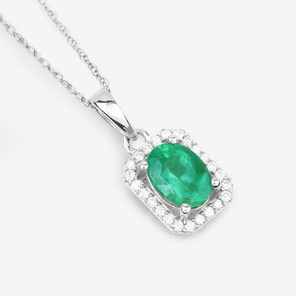 Colgante de oro blanco de 10 quilates con esmeralda zambiana auténtica de 0,83 quilates y diamantes blancos