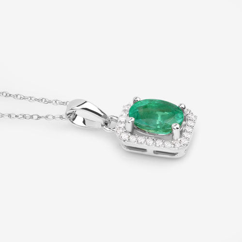 Colgante de oro blanco de 10 quilates con esmeralda zambiana auténtica de 0,83 quilates y diamantes blancos