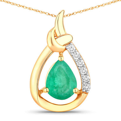 Colgante de oro amarillo de 10K con esmeralda zambiana auténtica de 1,18 quilates y diamantes blancos