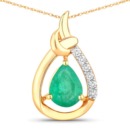 Colgante de oro amarillo de 10K con esmeralda zambiana auténtica de 1,18 quilates y diamantes blancos
