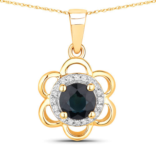 Colgante de oro amarillo de 14 quilates con zafiro azul auténtico de 0,94 quilates y diamantes blancos