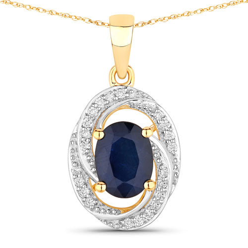 Colgante de oro amarillo de 14 quilates con zafiro azul auténtico de 1,71 quilates y diamantes blancos