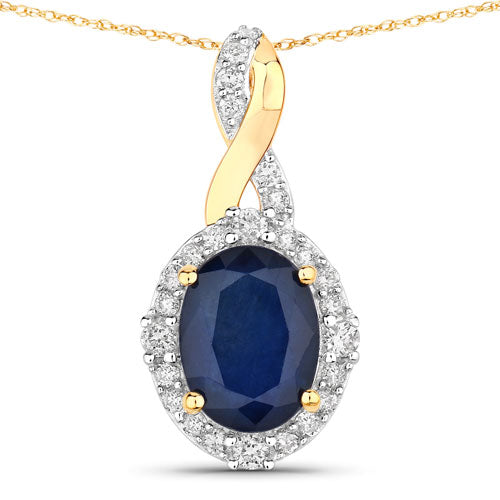 Colgante de oro amarillo de 14 quilates con zafiro azul auténtico de 1,72 quilates y diamantes blancos