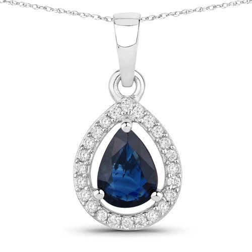 Colgante de oro blanco de 14 quilates con zafiro azul genuino de 0,91 quilates y diamante blanco
