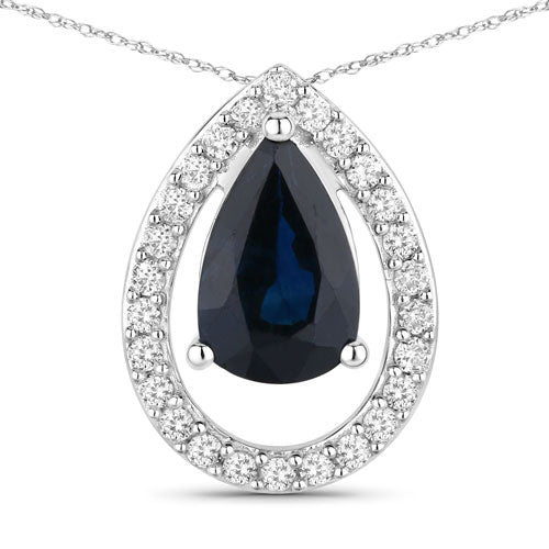 Colgante de oro blanco de 14 quilates con zafiro azul auténtico de 1,15 quilates y diamantes blancos