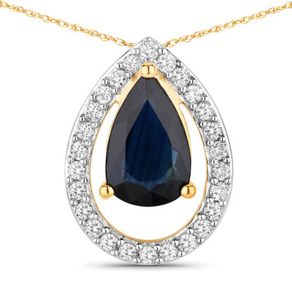 Colgante de oro amarillo de 14 quilates con zafiro azul auténtico de 1,15 quilates y diamantes blancos