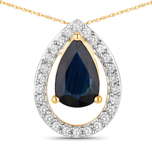Colgante de oro amarillo de 14 quilates con zafiro azul auténtico de 1,15 quilates y diamantes blancos