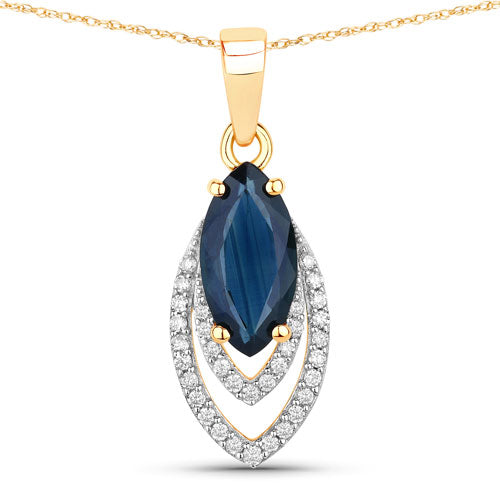 Colgante de oro amarillo de 14 quilates con zafiro azul auténtico de 1,42 quilates y diamante blanco