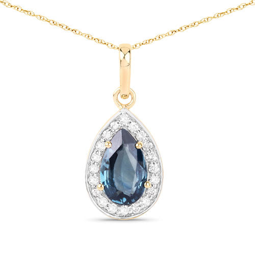 Colgante de oro amarillo de 14 quilates con zafiro azul verdoso genuino de 1,53 quilates y diamantes blancos