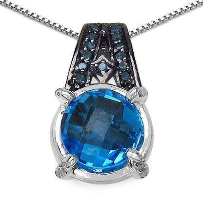 Colgante de plata de ley .925 con topacio azul suizo auténtico de 4.94 quilates, diamantes azules y diamantes blancos