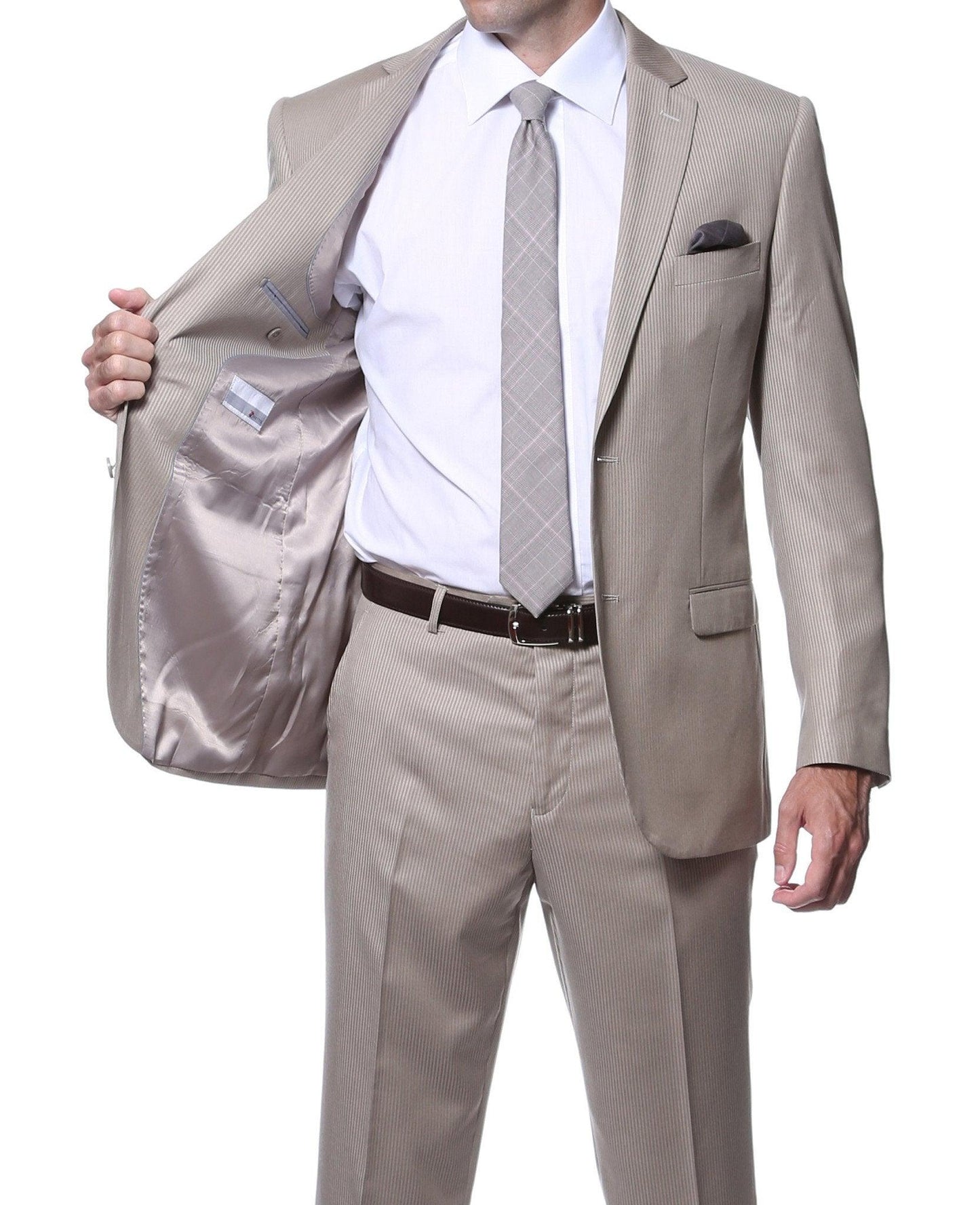 Parker 2 Piece Slim Fit Tan Striped Tone on Tone Wool Suit