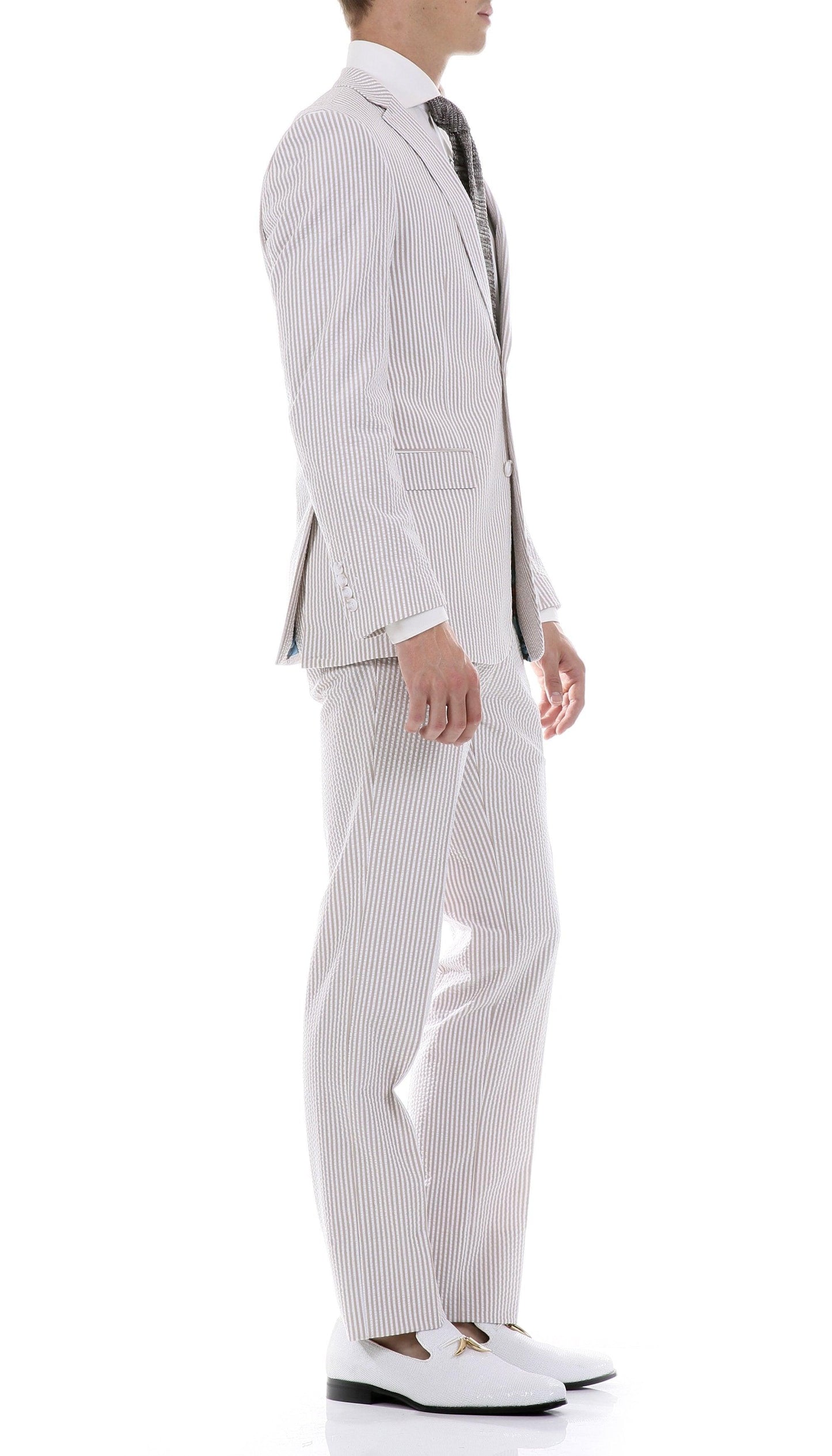 Men's Slim Fit Two Button Tan Seersucker Suit