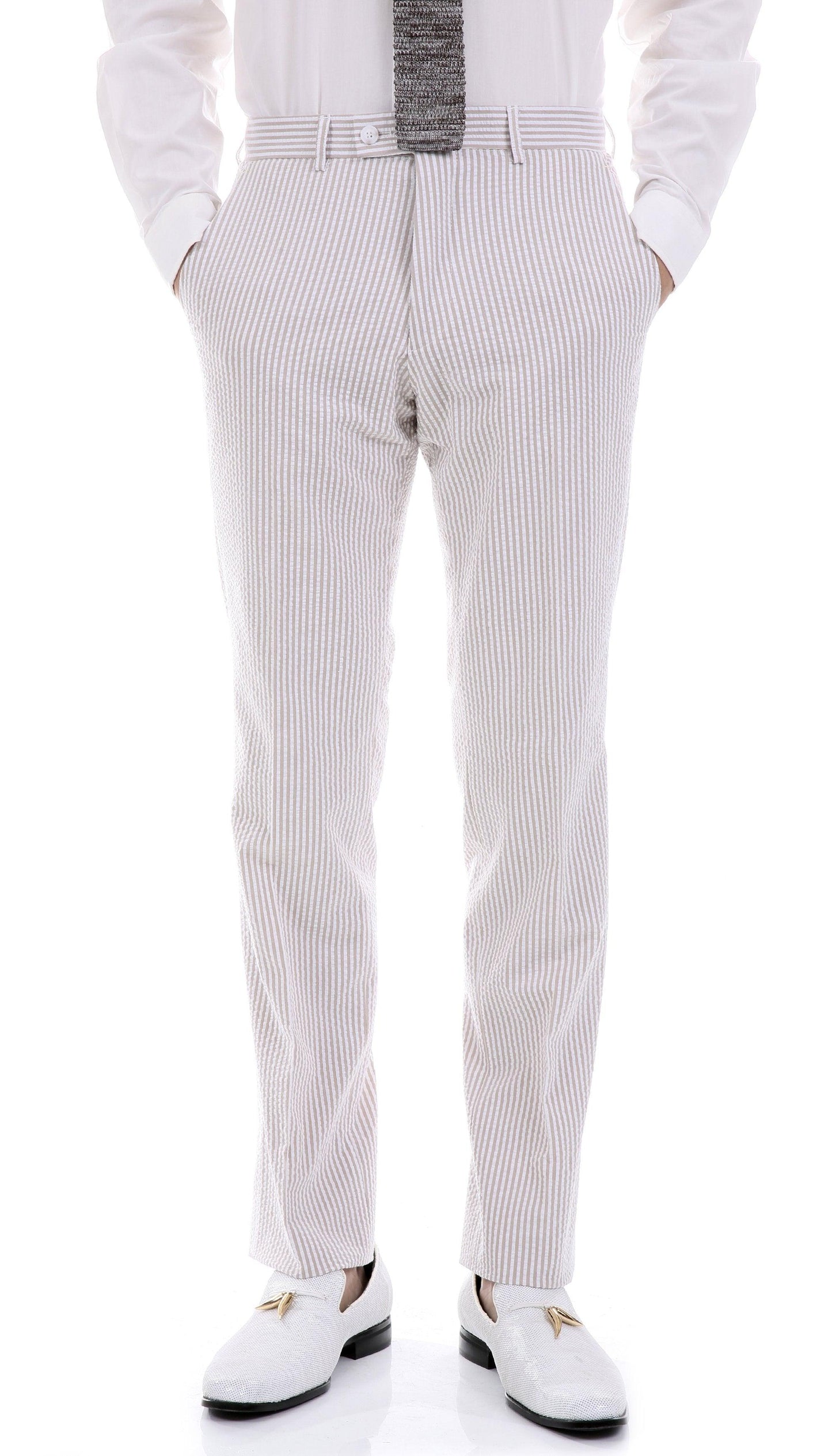 Men's Slim Fit Two Button Tan Seersucker Suit