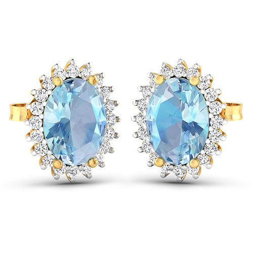 Pendientes de oro amarillo de 14 quilates con aguamarina genuina de 2,36 quilates y diamantes blancos