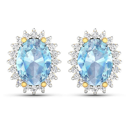 Pendientes de oro amarillo de 14 quilates con aguamarina genuina de 2,36 quilates y diamantes blancos
