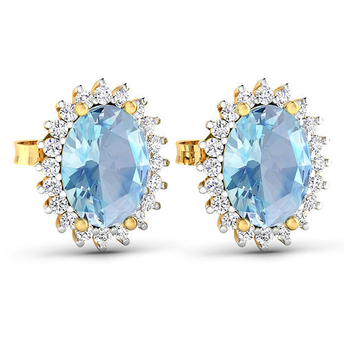 Pendientes de oro amarillo de 14 quilates con aguamarina genuina de 2,36 quilates y diamantes blancos