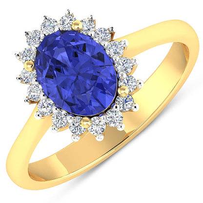 Anillo de Oro Amarillo de 14K con Tanzanita Genuina de 1,92 Quilates y Diamantes Blancos
