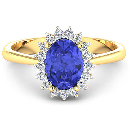 Anillo de Oro Amarillo de 14K con Tanzanita Genuina de 1,92 Quilates y Diamantes Blancos