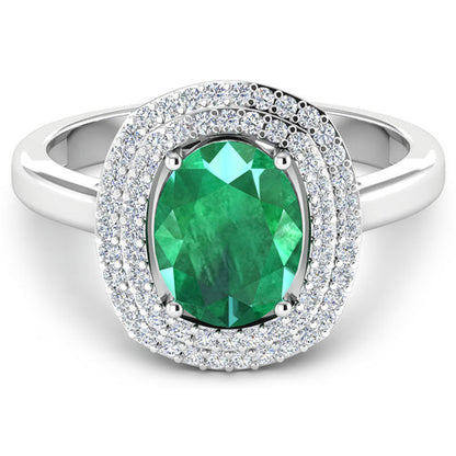 Anillo de oro blanco de 14K con esmeralda zambiana auténtica de 1,97 quilates y diamantes blancos
