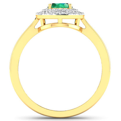 Anillo de oro amarillo de 14 quilates con esmeralda zambiana auténtica de 0,88 quilates y diamante blanco