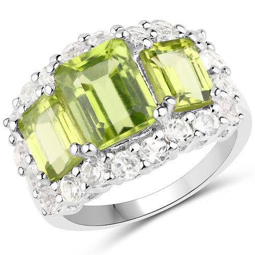Anillo de plata de ley .925 con peridoto auténtico de 6,00 quilates y topacio blanco