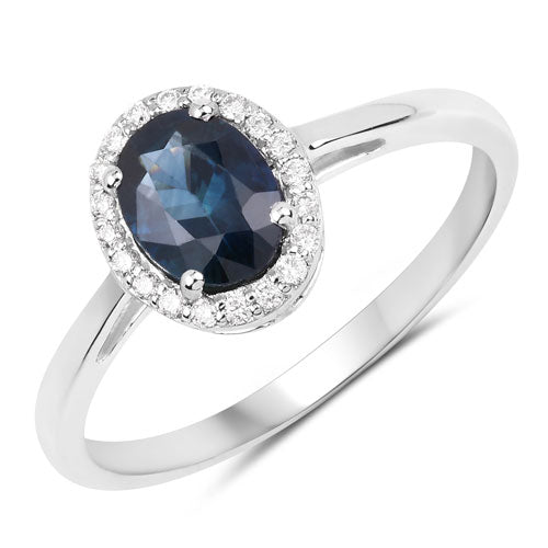 Anillo de oro blanco de 14K con zafiro azul genuino de 1.21 quilates y diamantes blancos