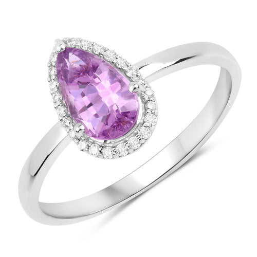 Anillo de oro blanco de 14K con zafiro rosa auténtico de 1,25 quilates y diamantes blancos