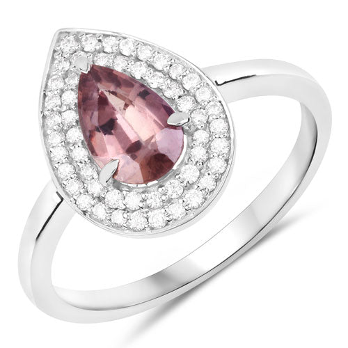Anillo de oro blanco de 14K con zafiro rosa parduzco genuino de 1,28 quilates y diamante blanco