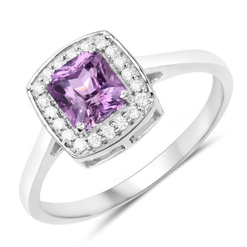 Anillo de oro blanco de 14K con zafiro rosa púrpura genuino de 1,32 quilates y diamantes blancos