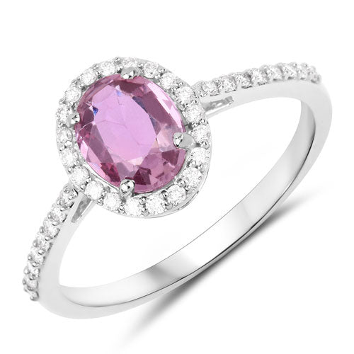Anillo de oro blanco de 14K con zafiro rosa genuino de 1.33 quilates y diamantes blancos