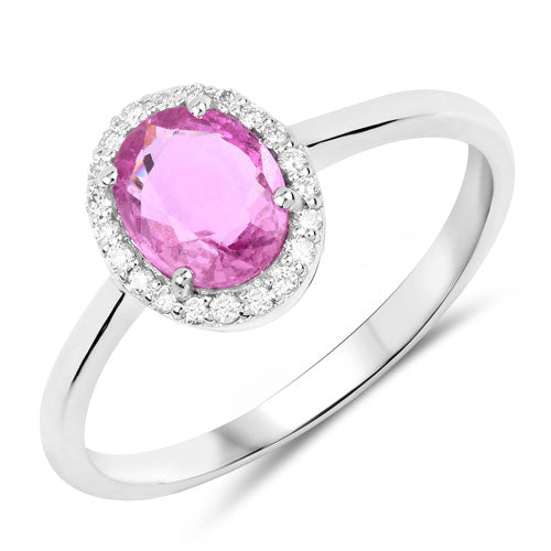 Anillo de oro blanco de 14 quilates con zafiro rosa genuino de 1,12 quilates y diamantes blancos