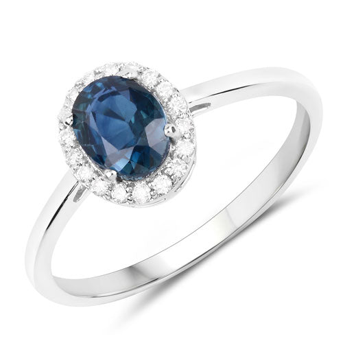 Anillo de oro blanco de 14K con zafiro azul genuino de 1.20 quilates y diamantes blancos