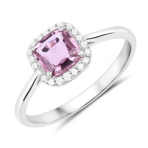 Anillo de oro blanco de 14K con zafiro rosa auténtico de 0,97 quilates y diamantes blancos