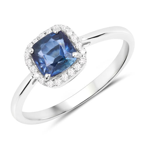 Anillo de oro blanco de 14K con zafiro azul genuino de 1.15 quilates y diamantes blancos