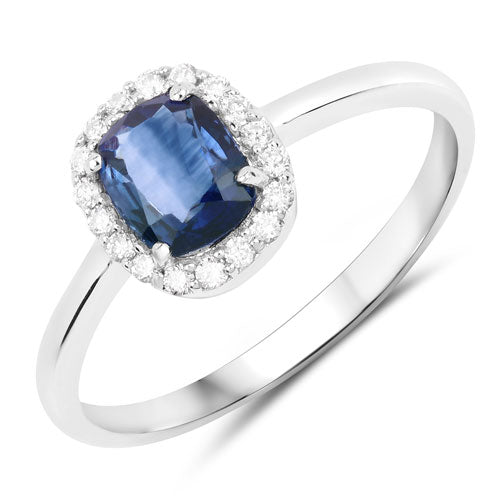 Anillo de oro blanco de 14 quilates con zafiro azul auténtico de 1,17 quilates y diamantes blancos