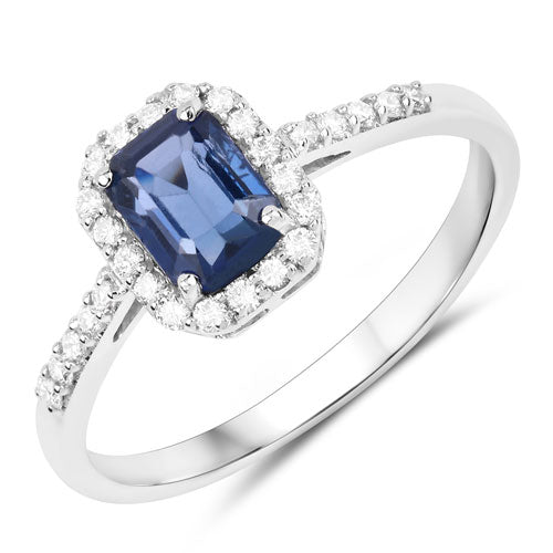Anillo de oro blanco de 14K con zafiro azul genuino de 1.29 quilates y diamantes blancos